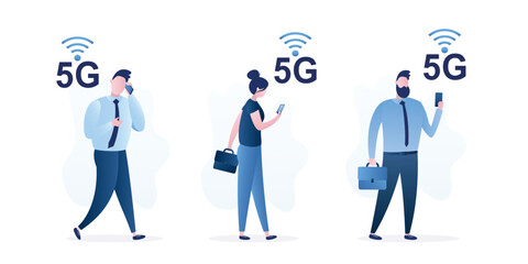 5G Network technology. Users catch 5G internet connection. Young adults with smartphones using wireless internet. Fast online mobile connection.