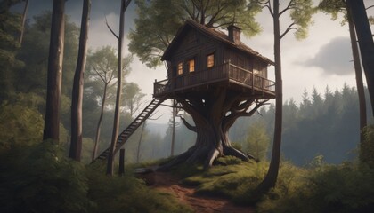 Fototapeta na wymiar Bathed in sunlight filtering through the forest canopy, a charming treehouse beckons with its rustic beauty and whimsical design. This image conveys a serene escape nestled within the tranquil embrace