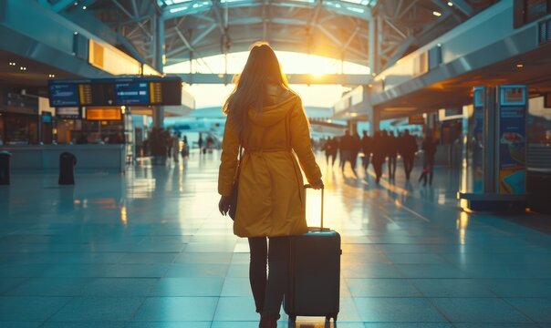 Woman wearing elegant clothes and walking in the airport hall against sunset light. Businesswoman walk with luggage.