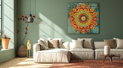 an appealing composition showcasing a vibrant mandala on a sage green wall, creating a serene ambiance with a stylish sofa.