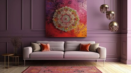 an appealing composition showcasing a vibrant mandala on a soft lavender wall, creating a serene ambiance with a stylish sofa.