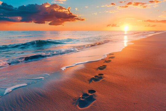 Footprints on sandy beach at sunset with ocean waves. Summer landscape concept. Travel and vacation. Design for wallpaper, banner