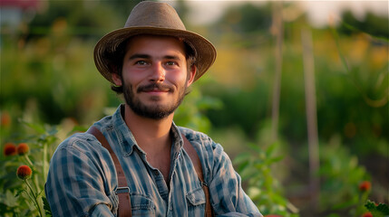 Handsome young man farmer with farm background