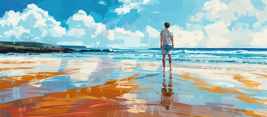A scenic painting of a lone individual leisurely walking along a peaceful sandy beach, under a clear blue sky