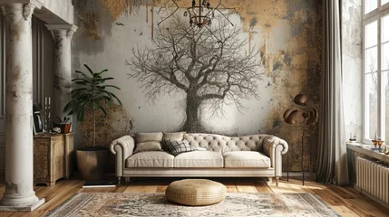Schilderijen op glas an aesthetically pleasing composition featuring a tree mandala design on a soft-toned wall, paired with a stylish sofa. © Rustam