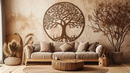 Wandcirkels tuinposter an aesthetically pleasing composition of a tree mandala design on a soft-toned wall, paired with a stylish sofa. © Rustam