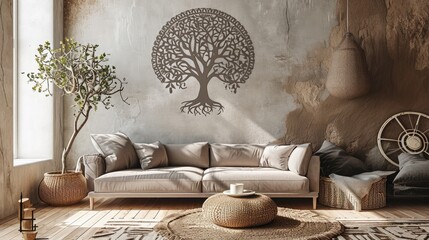 an aesthetically pleasing composition featuring a tree mandala design on a soft-toned wall, paired...
