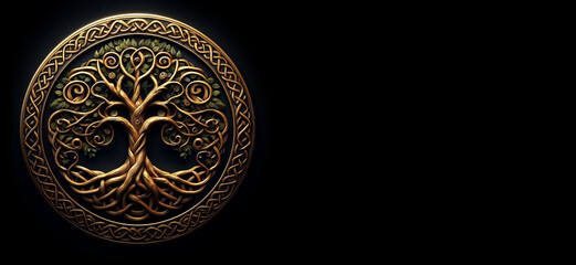 illustration of Celtic symbol of tree of life in gold bronze tonality over black background with copy space