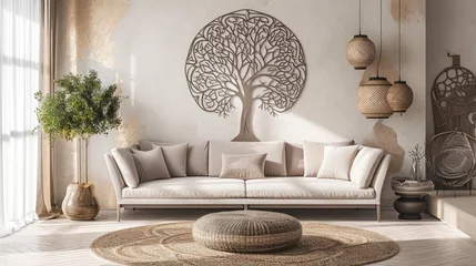 Foto op Canvas an aesthetically pleasing composition featuring a tree mandala design on a soft-toned wall, paired with a stylish sofa. © Rustam