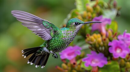Obraz premium Hummingbird Hovering Over Purple Flowers