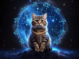 zodiac signs with blue nebula and beautiful tabby cat like mystic astrology concept 