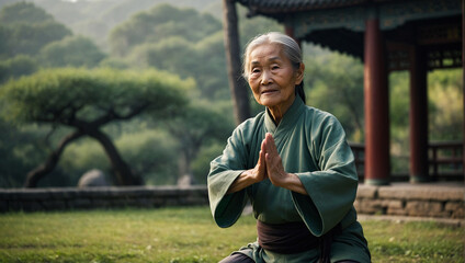  wise elder Asian woman practising doing tai-chi outside like old oriental wisdom concept 