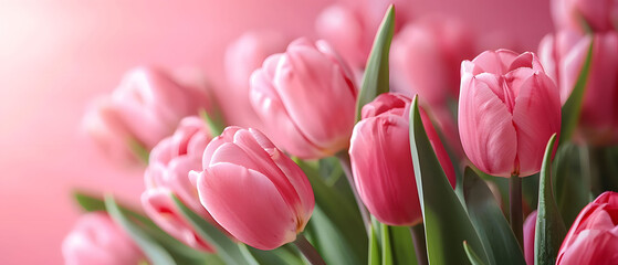 Vibrant Pink Tulips in Full Bloom Against a Soft Pink Background copyspace