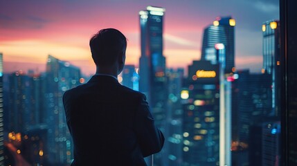 Business executive deep in contemplation as he gazes out at the city skyline, his mind abuzz with strategic thoughts - obrazy, fototapety, plakaty