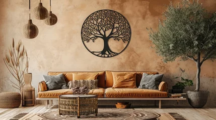 Deurstickers an aesthetically pleasing composition featuring a tree mandala design on a soft-toned wall, paired with a stylish sofa. © Rustam