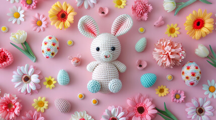Easter crochet bunny background.  - obrazy, fototapety, plakaty