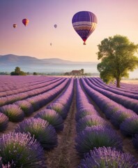 The golden hour illuminates hot air balloons as they ascend above the orderly lavender rows at dawn. The countryside wakes to a dreamlike scene accented by soft mist. AI generation