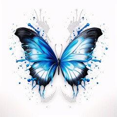 Blue butterfly with splashes isolated on white background. Vector illustration.