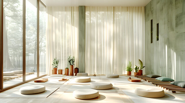 Bright yoga room with mats and props. Large windows are installed along one of the walls, which let in a lot of natural light.