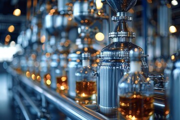 Close-up of a contemporary distillery with stainless steel containers and pipes for brewing and distilling beverages - obrazy, fototapety, plakaty