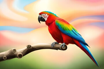 colorful red parrot on a pastel blurred background. ai generated