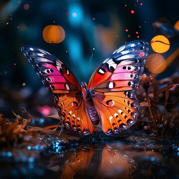 Beautiful butterfly with bokeh lights on background. Double exposure.