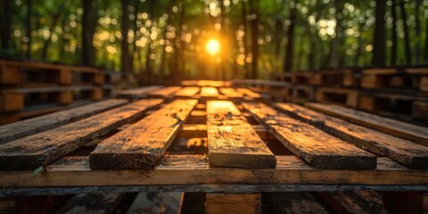 reforestation concept, stack of industry wooden pallet with forest at background , Generative Ai - obrazy, fototapety, plakaty