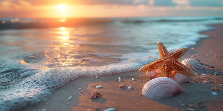 close up beautiful seascape with starfish and shell on sand beach, wave crushing shore at sunny day