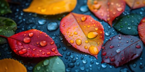 close up autumn leaves on ground with water droplet, wet rain drop, Generative Ai