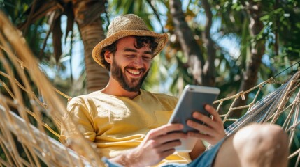 Fototapeta premium Man on a sun lounger at the beach is using a tablet