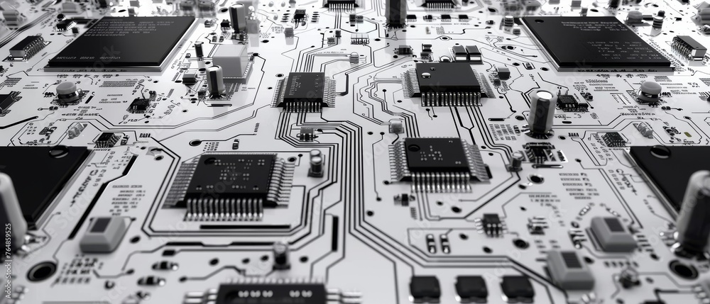 Aufkleber Background of printed circuit board with white texture. There is space for text. Background of printed circuit board with grayscale texture. Computer technology background. Information technology
