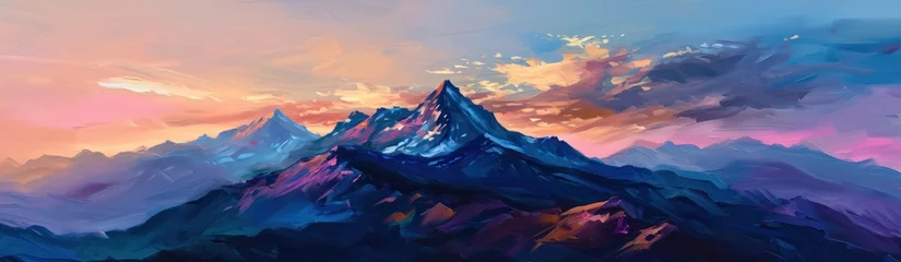 Foto op Plexiglas Lichtroze Mountain landscape at sunset oil painting hand drawn
