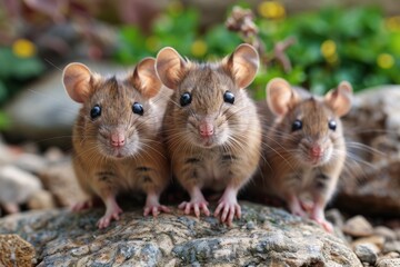 A crisp and detailed photo showcasing a trio of wild brown rats (Rattus norvegicus) perched on a...