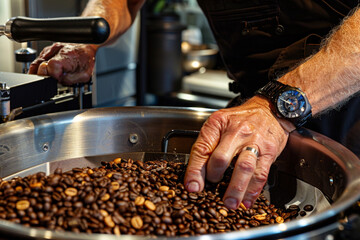 Dynamic shot showcasing the hands-on approach to coffee roasting, with a close-up of a man's hands maneuvering freshly roasted beans over the sleek surface of a modern roasting mac