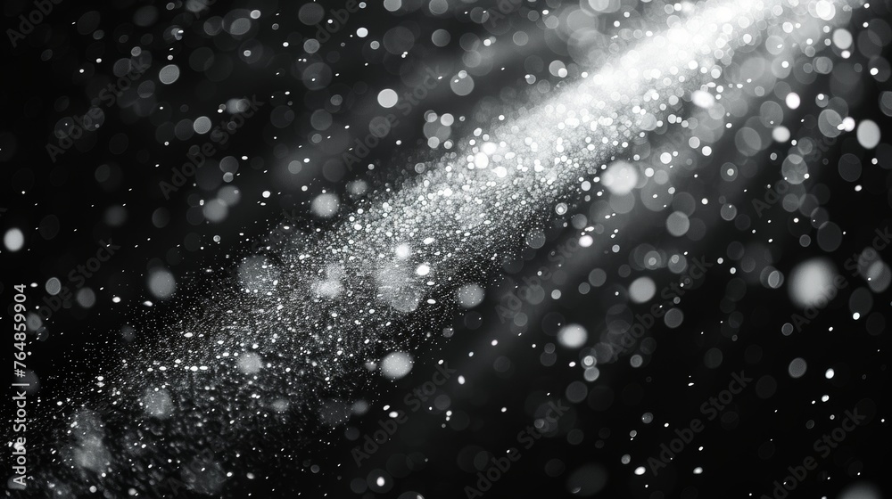 Poster the motion of white particles on a black background is abstracted with rain drops and snowflakes ove
