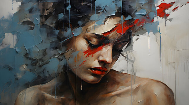 Oil paint, portrait of a sad woman on canvas. Expressionist style. Sadness image concept