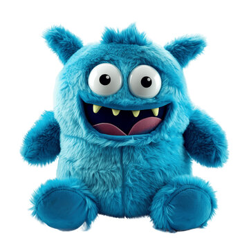 A soft children's plush blue toy is a funny monster. Isolated photo with transparent background.