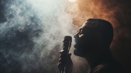 Man singing into a microphone with smoke in the background. Retro style