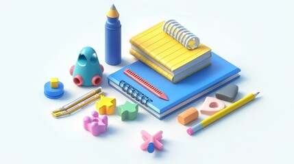 This modern set includes 3D books, pens, pencils, notebooks, shaperners, rulers, highlighters, and markers for education, school, and work.