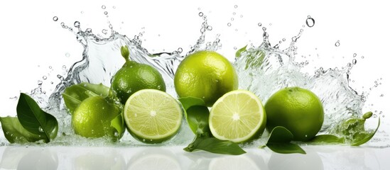 An up-close view of fresh limes and lime leaves being splashed with water