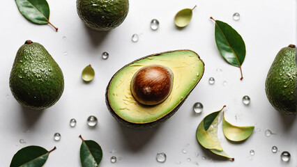fresh avocado with drops of water on a white background