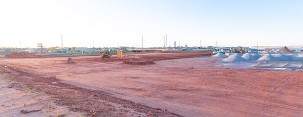 Panorama earthwork construction site with downtown Oklahoma City, Monarch Highway Interstate-35,...