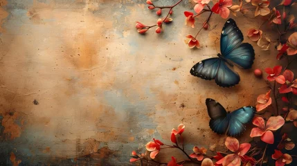 Photo sur Plexiglas Papillons en grunge Grunge background with flowers and butterfly. Space for text.