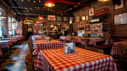 An old-fashioned pizza parlor, complete with checkered tablecloths and a jukebox playing classic hits. The pizza