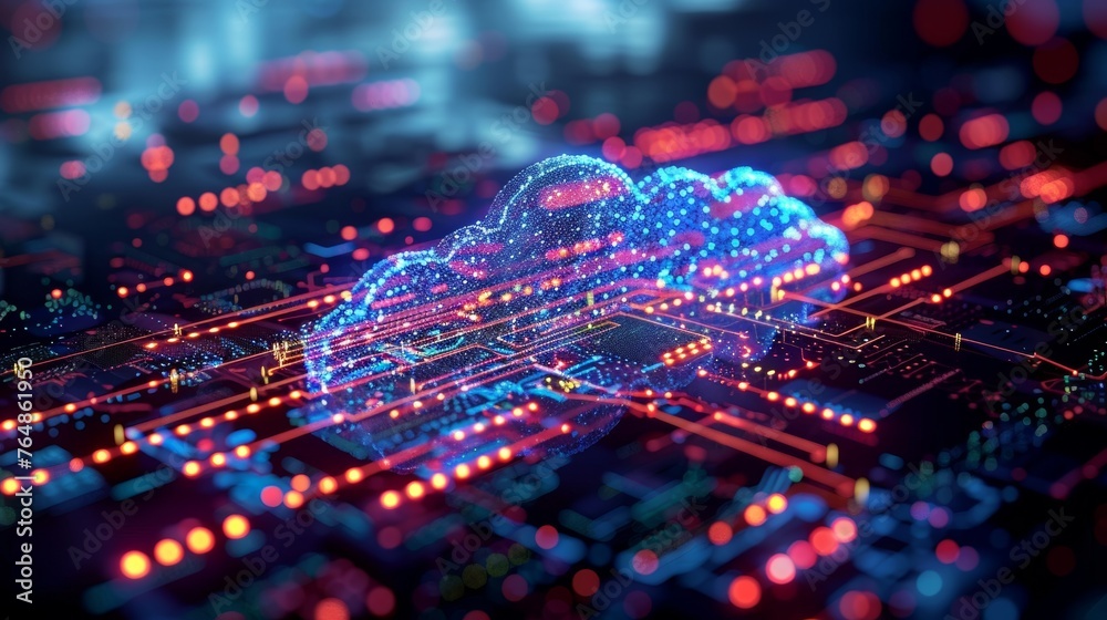 Fototapete Using cloud technology for a digital transfer of information and data. Receive with FTP(File Transfer Protocol) files and make a backup copy on your computer. Share files isometrically using file