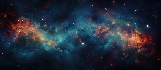 A stunning cosmic scene featuring a dark blue and orange nebula with sparkling stars in the background - obrazy, fototapety, plakaty
