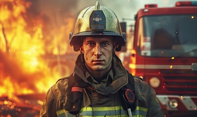 Fireman standing in front of a fire background.