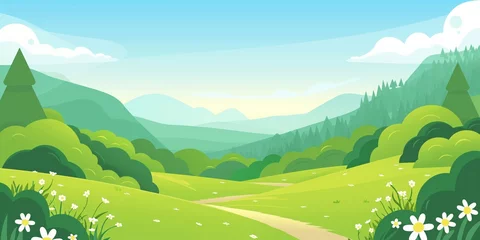 Foto op Plexiglas  Cartoon of a serene, green landscape with rolling hills and a clear sky. © Sergei