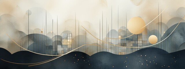 Ethereal landscape with golden orbs and fluid lines for a serene backdrop.