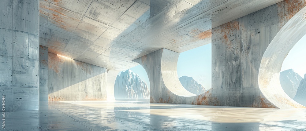 Aufkleber A 3D render of an abstract futuristic glass architecture with an empty concrete floor.